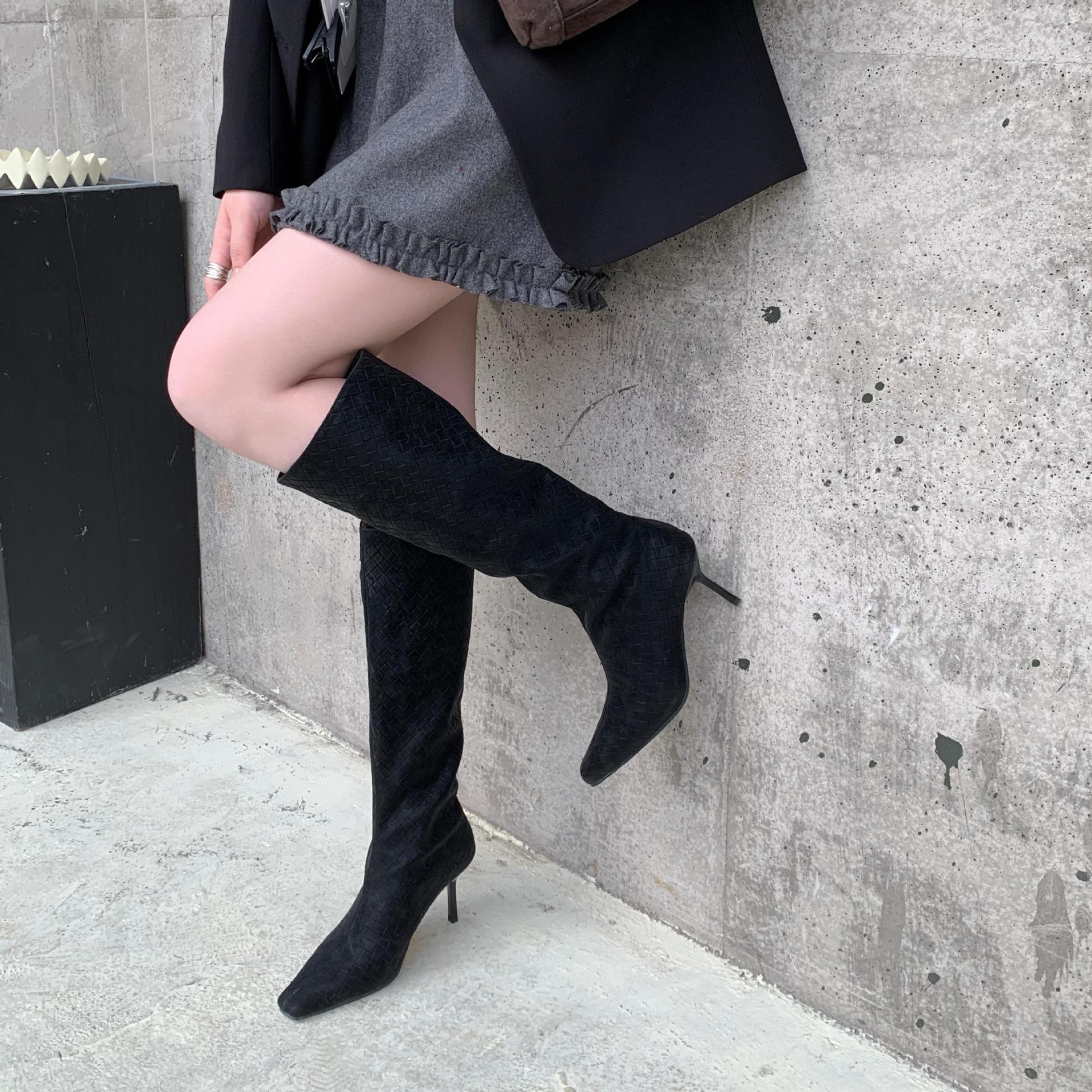 Demi-season fashionable retro high boots square toe heels