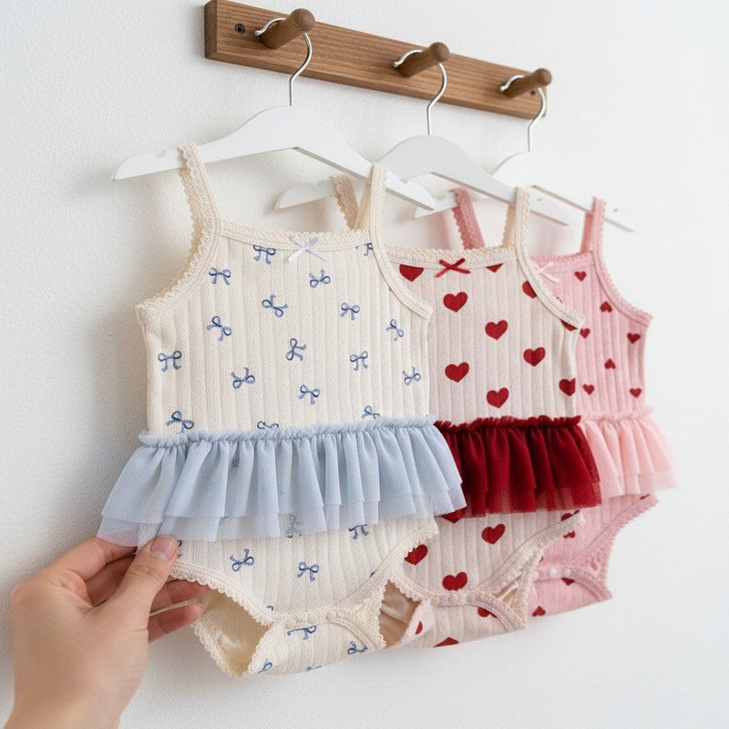Baby Summer Romper for Girls, Sleeveless Lace Thin Jumpsuit, Pure Cotton Class a Sweet Crawling Outfit