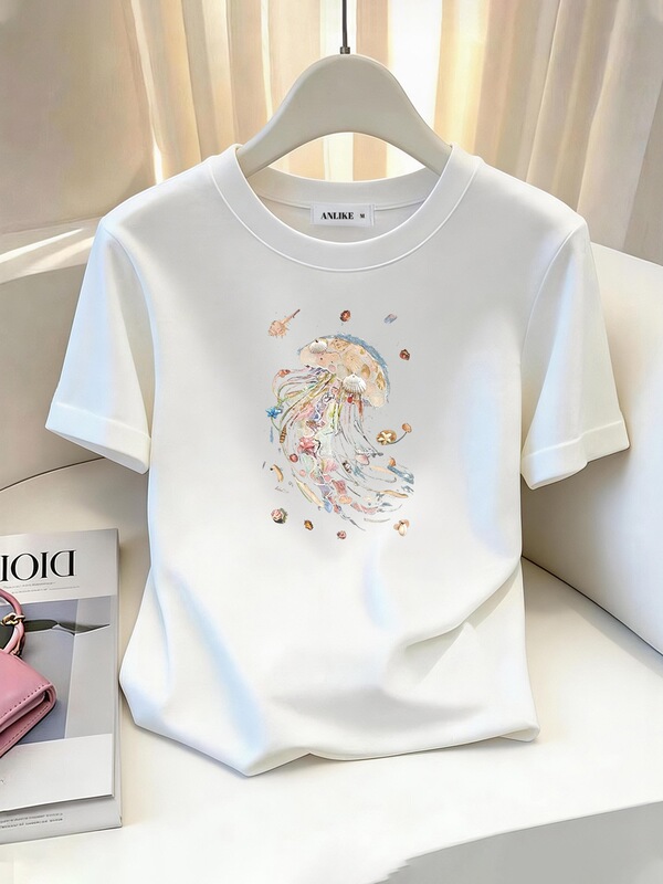 2026 Summer New White Printed Short-Sleeve T-Shirt for Women, Round Neck, Loose Fit, Slimming, Minimalist Base Shirt, Trendy Top 2026 Summer New White Printed Short-Sleeve T-Shirt for Women, Round Neck, Loose Fit, Slimming, Minimalist Base Shirt, Trendy Top