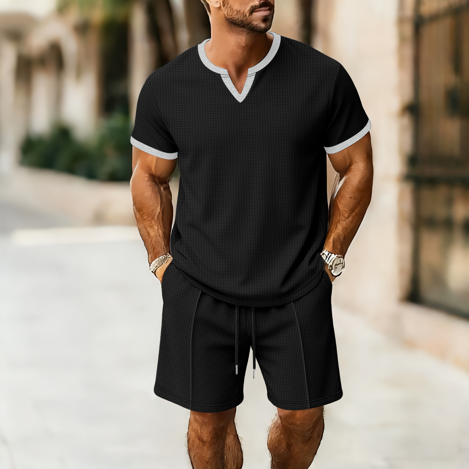 Herren Waffelstrick V-ausschnitt Set Mit T-shirt Und Kurzer Hose_voghion.com