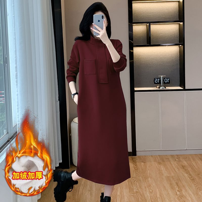 长款过膝休闲卫衣裙女2025秋冬新款大码宽松遮肚百搭立领连衣裙潮|undefined