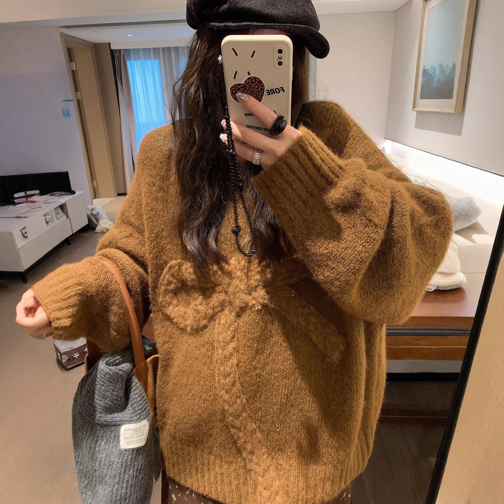 秋冬新品原创蝴蝶结针织衫上衣欧货宽松大码慵懒风纯色毛衣外套女