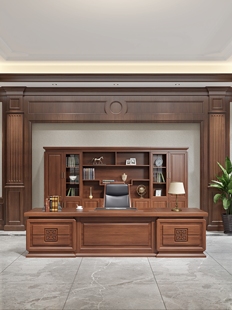 New Chinese Style Boss Desk Office Desk Bookcase Combination All Solid Wood Chairman Office Furniture President Desk Executive Desk