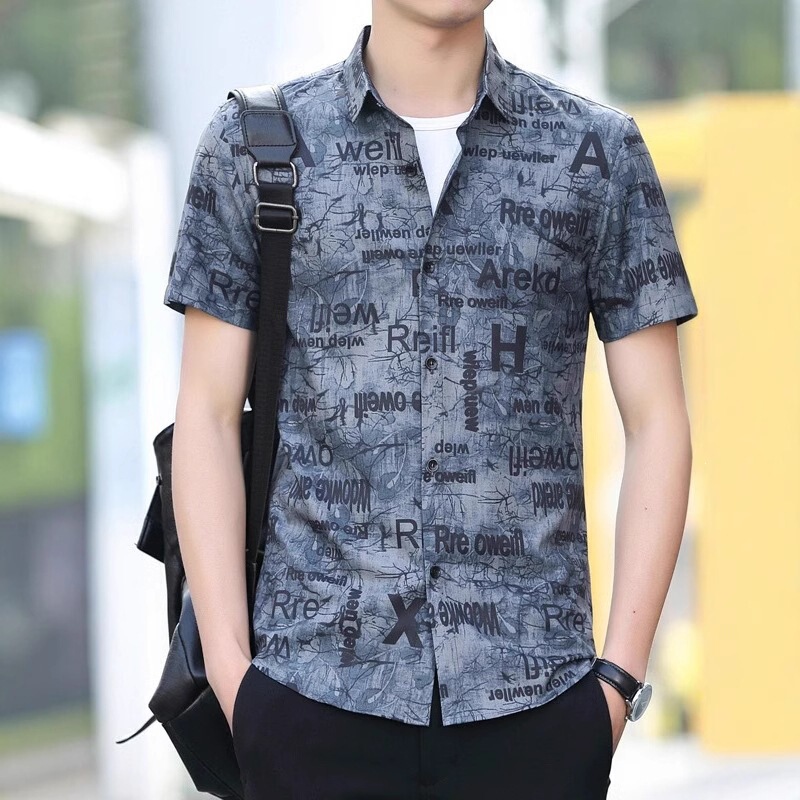Ice Silk Short-Sleeved Shirt for Men, Summer Stylish Casual Shirt for Young Men, Versatile Ice-Feel Trendy New Full-Print Shirt