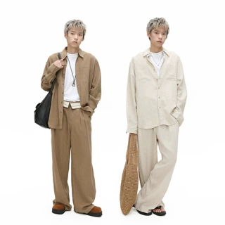 MTLCLOTHES男装|韩系极简基础纯色苎麻衬衣休闲长裤百搭通勤套装