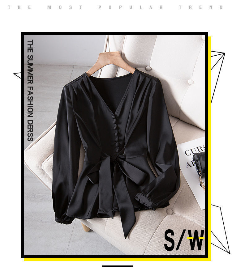 Blusa elegante com decote em v para mulher tamanho grande manga longa_voghion.com