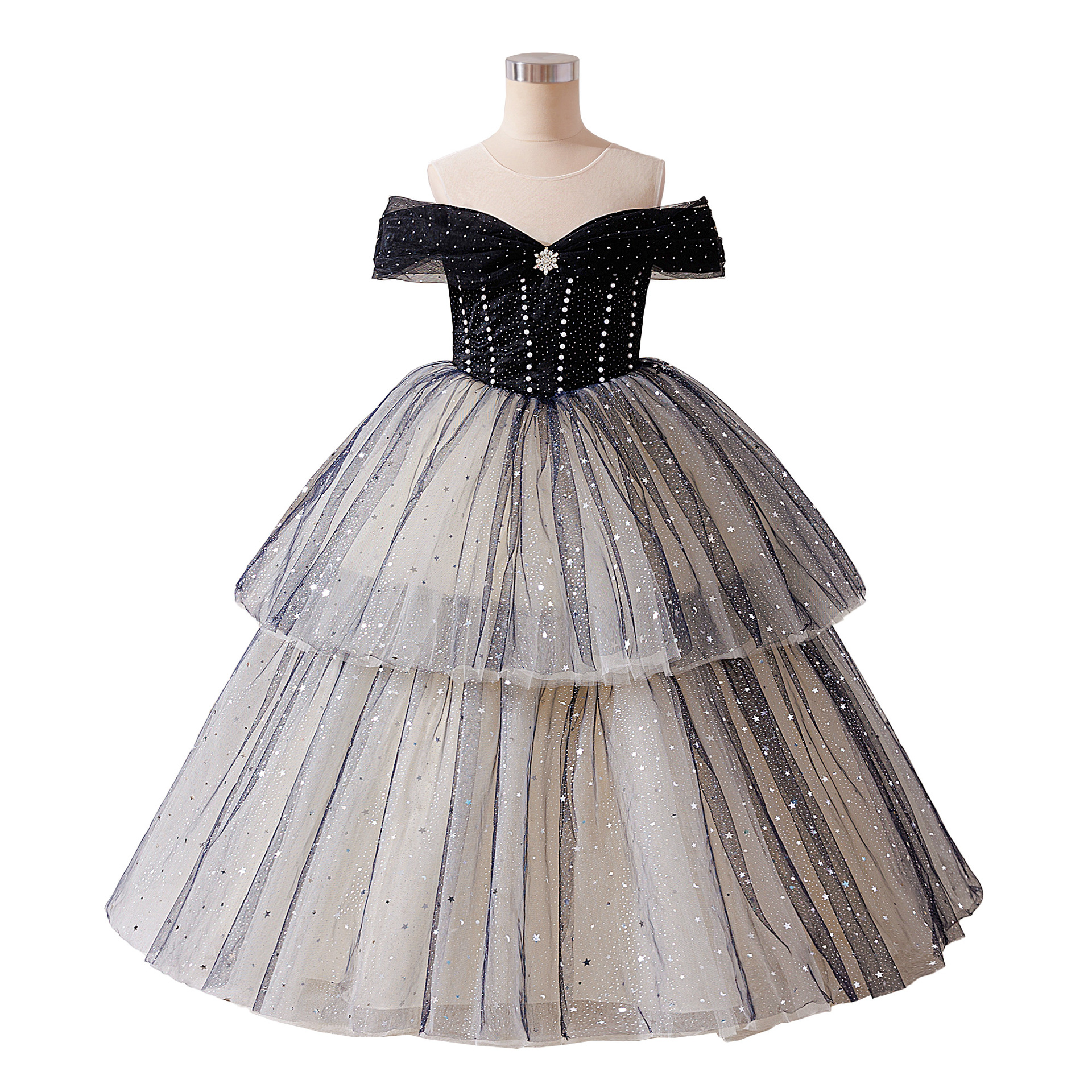 Vestido de princesa florista vestido de boda de niños anfitrión vestido de noche piano espectáculo extranjero vestido de manga larga de chicas en stock