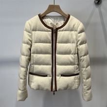 25秋冬新品盟可来女羽绒服 羊毛呢拼接真皮短款圆领小香夹克外套