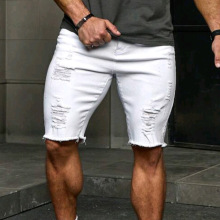 海外跨境破洞牛仔裤设计感牛仔裤多破洞手工磨烂牛仔短裤男