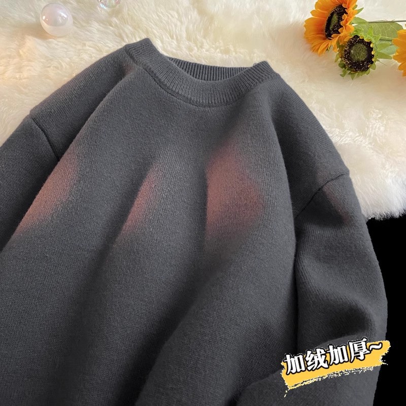 High-grade Grey Sweater Men's Spring Autumn and Winter fleece-lined Thickened American Style Retro Loose Lazy Style Round Neck Base Knitted Sweater
