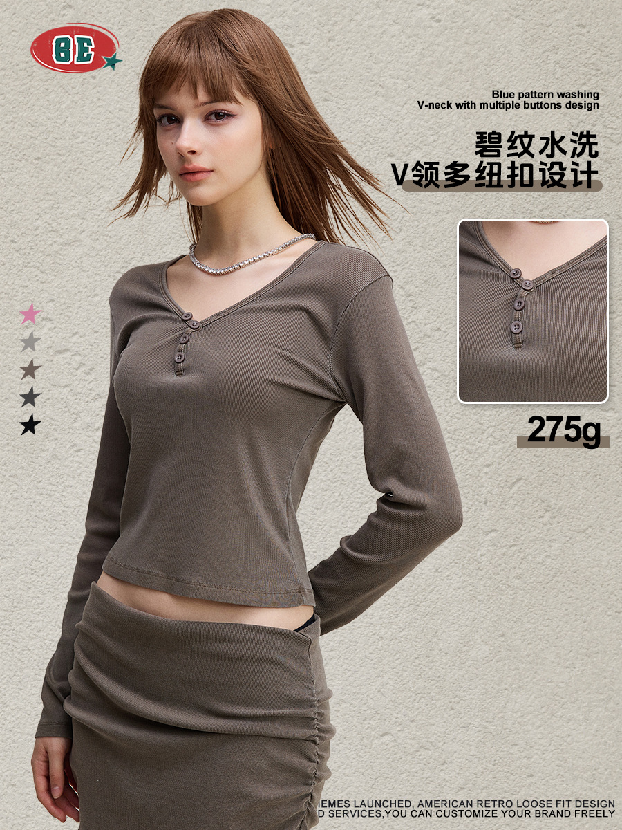 BE ropa de mujer | Suéter de manga larga con botones con cuello en V sexy puro europeo y americano, camisa de fondo delgada y delgada, camiseta de color sólido, mujer image 3
