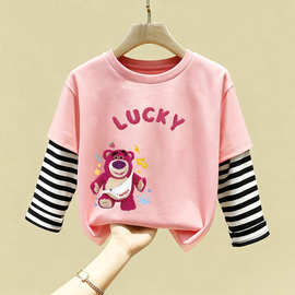 女童长袖t恤春秋新款纯棉假两件条纹儿童圆领体恤上衣拼接打底衫