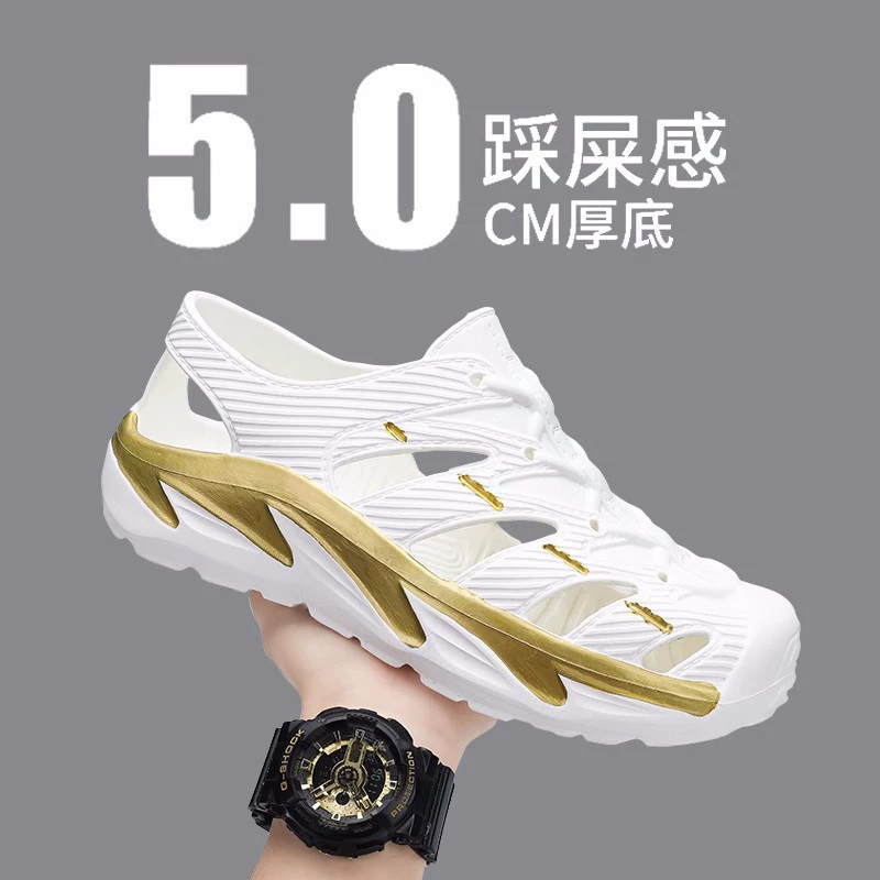 Туфли с дырками, мужские летние уличные тапочки Баотоу, спортивные сандалии без шнуровки на толстой подошве и нескользящая пляжная обувь без шнуровки