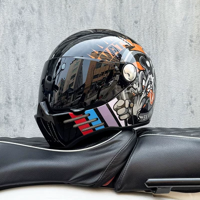 Motosiklet kaskı (dəbilqə) Helmet for Heavy Motorcycles, Ghost Skull - bright-blackfront-peak-tea-mirror-transparent-mirror-delivered-m