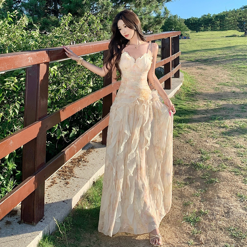 High-End Heavy-Duty Dress, Birthday Dress, Romantic Embroidered Printed Suspender Ruffle Dress, Fairy Long Dress