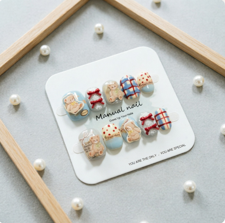 Cartoon Bear Korean-Style Ins-Style Cute Girly 3D Bow Plaid Polka Dot Press-On Nails Nail Stickers Cartoon Bear Korean-Style Ins-Style Cute Girly 3D Bow Plaid Polka Dot Press-On Nails Nail Stickers