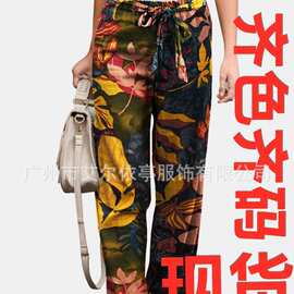 2026跨境亚马逊棉麻印花休闲松紧腰女长裤厂家直销8099高腰显瘦