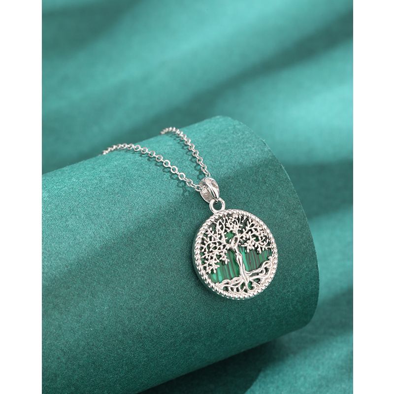 925 plata esterlina collar redondo árbol de vida malaquita mujer estilo europeo y americano transfronterizo colgante de alta calidad joyas de cadena de clavícula