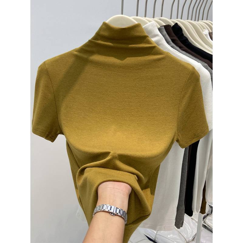 Soft and Basic Solid Color Half-High Collar Short-Sleeve Shirt for Women, Versatile Ribbed Base Shirt, Slim Fit Top for Spring and Autumn