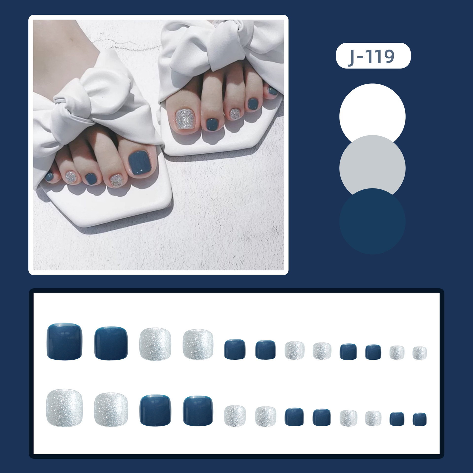 J-119 agujero azul plata salto dedo del pie de uñas transfronterizo azul falso desgaste de uñas pegatina de uñas producto terminado 24 piezas de uñas al por mayor