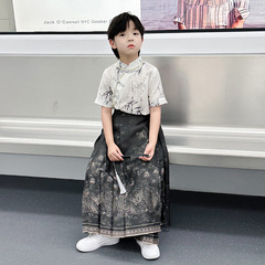Boys' Summer Short Sleeve Mamian Skirt Hanfu Set 2024 New Children's Chinese Ancient Costume Performance Dress High-end Tang Suit