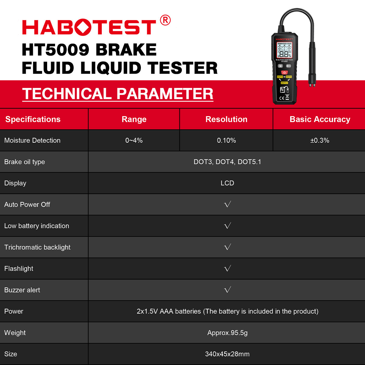 HABOTEST Brake Fluid Water Content Tester HT662/663/663L High-Precision Digital Display Auto Repair Tool