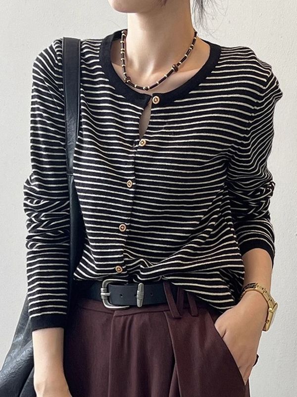 秋季新款条纹针织开衫外套女设计感小众上衣外搭薄款圆领长袖毛衣|undefined