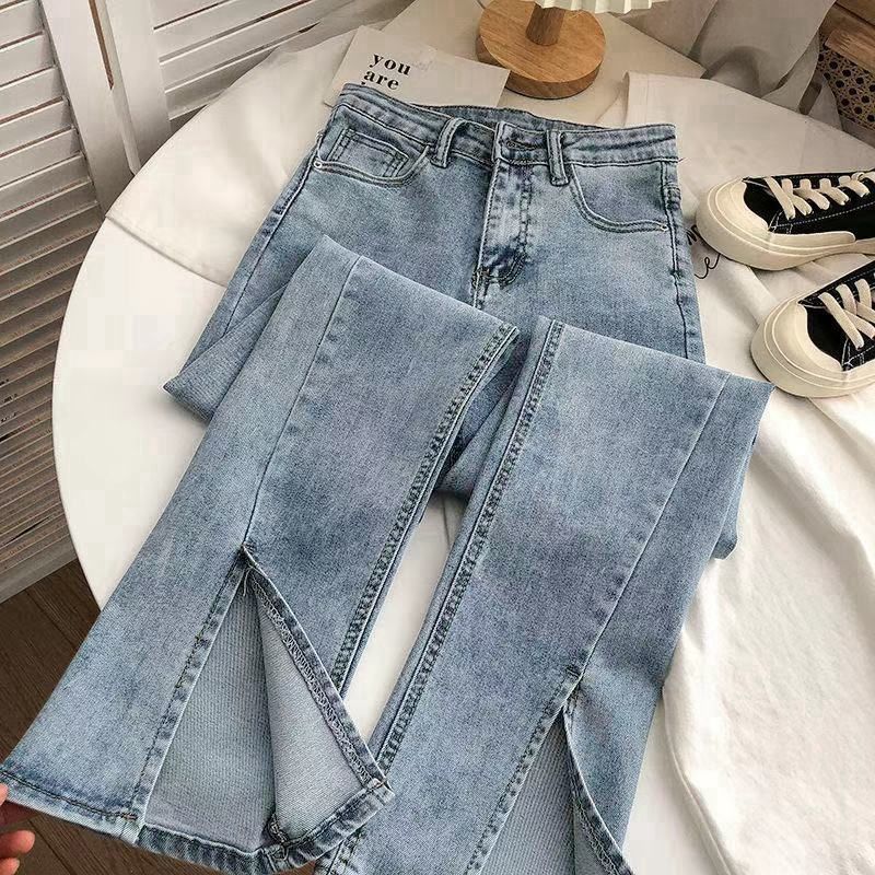 High-Waisted Slit Micro-Flared Stretch Jeans for Women, Autumn New Style, Straight-Leg Slimming, Versatile Wide-Leg Drape Floor-Length Pants