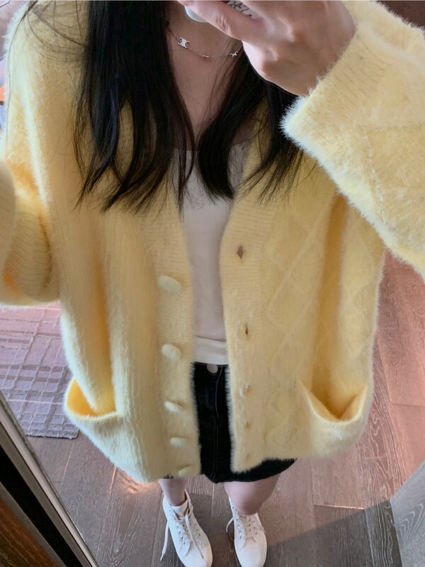 2072 # Creamy Yellow Soft and Lazy Milky V-Neck Autumn and Winter Women's Sweater Super Nice Fairy Cardigan Jacket Top