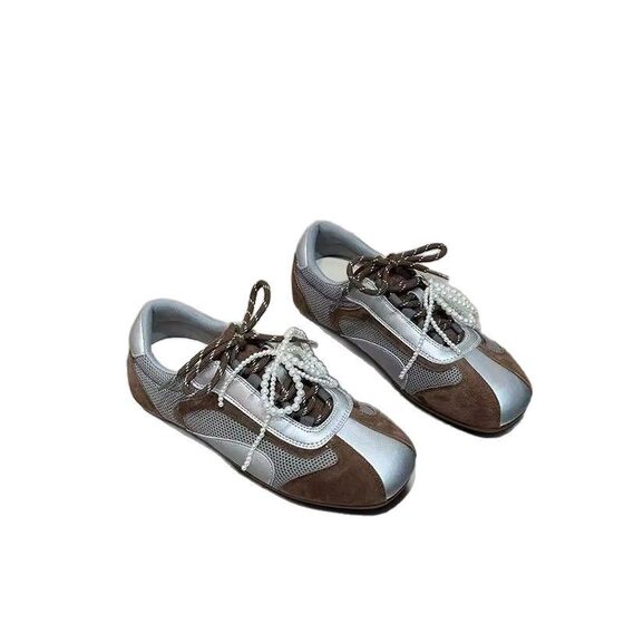Genuine Leather Double-color Band Height-increasing German Training Shoes Women's Spring Soft-soled Beaded Bow Mesh Forrest Gump Casual Shoes for 2025