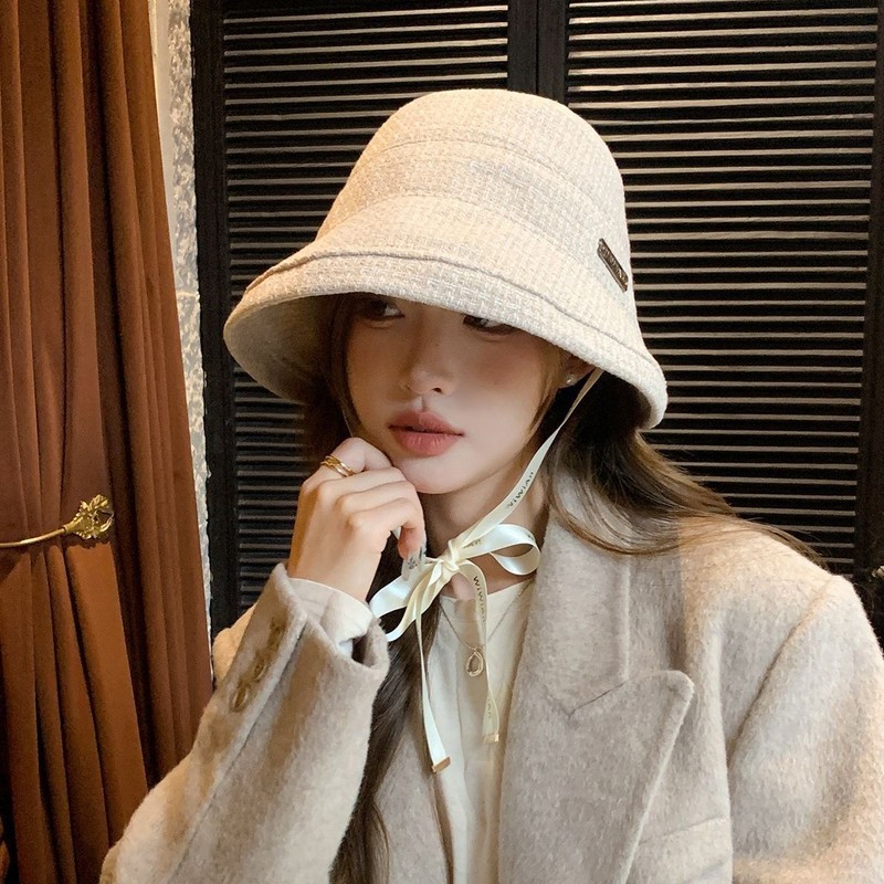 优雅秋冬法式高级感帽子小香风简约格纹渔夫帽韩版时尚卷边水桶帽|undefined