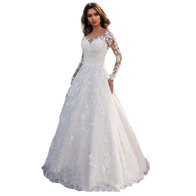 Shengcai 2025 Spring European and American Women's Fashion Amazon Long Sleeve Off-Shoulder Bridal Wedding Dress Gown 8801 Lace
