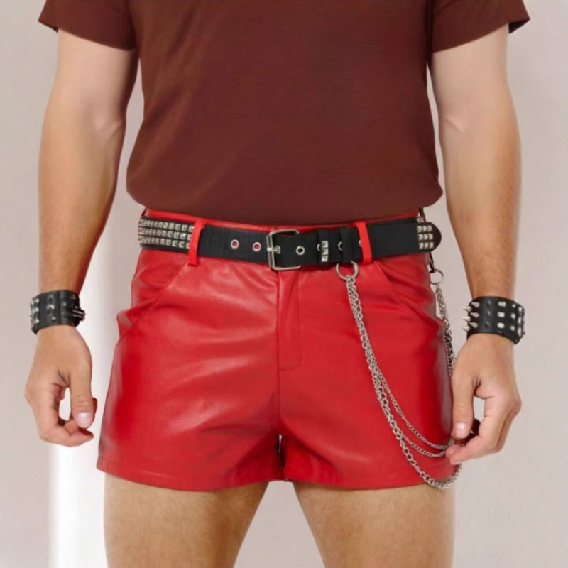 Cross-Border European and American Men's Leather Shorts, Tight-Fitting Sexy Pu Leather Shorts Without Belt Accessories
