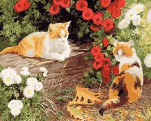 跨境一件代发新款无框diy数字油画 手绘花丛猫咪