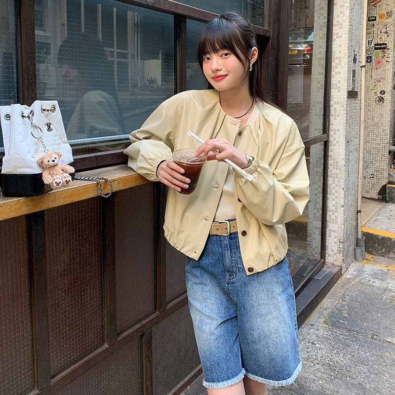 [Clearance, No Returns] Casual Round Neck Leather Jacket for Women, Korean Style, Loose Single-Breasted Jacket Top 22607