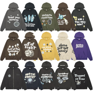 Cross-border BROKEN PLANET Cartoon Letter Foam Printed High Street Tray Loose Hooded Sweatshirt for Men