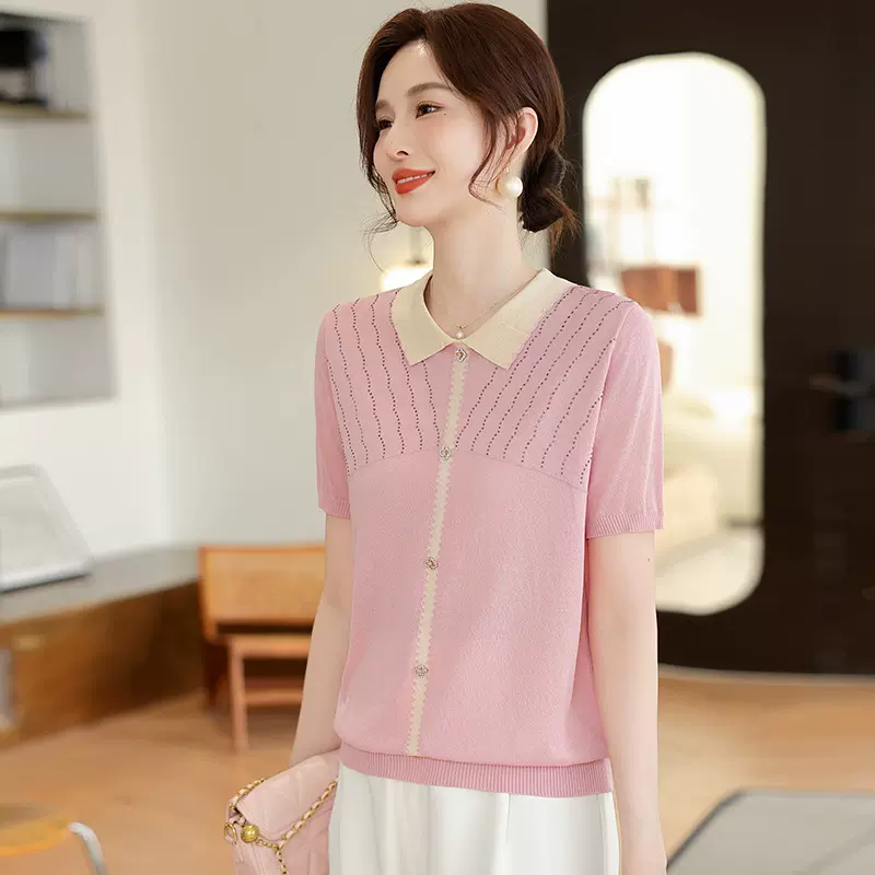 中老年女夏装洋气翻领T恤40岁50妈妈装薄款冰丝短袖针织上衣女装