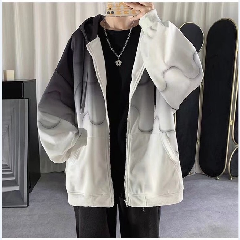 Tie-dyed Gradient Jacket Men's Loose Korean-style Cardigan Sweater 2021 Autumn Fried Street Hooded Baseball Suit ins Trendy