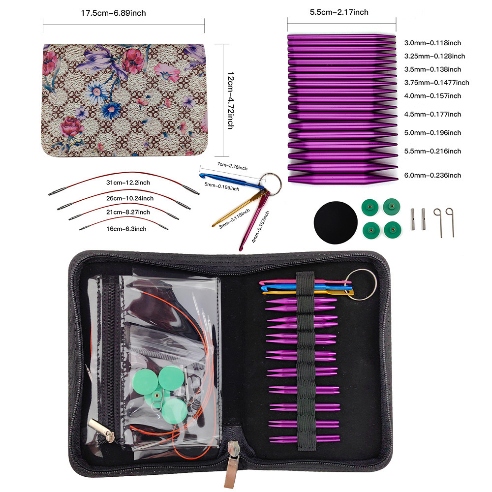 Nueva aguja de lana, aguja de anillo desmontable, alúmina 5.5CM de longitud, aguja de rueda, un conjunto de 9 agujas moradas