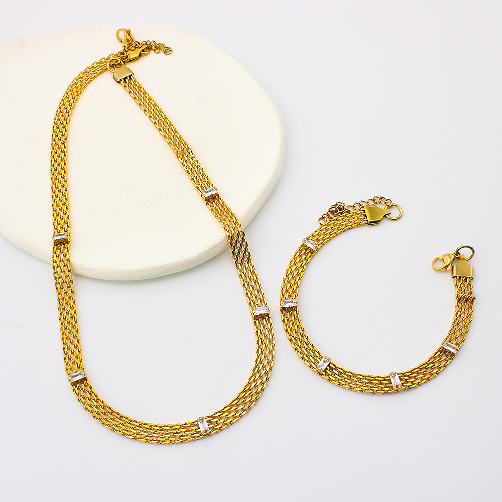 Retro Solid Color Stainless Steel Plating Inlay Zircon Bracelets Necklace 1 Piece