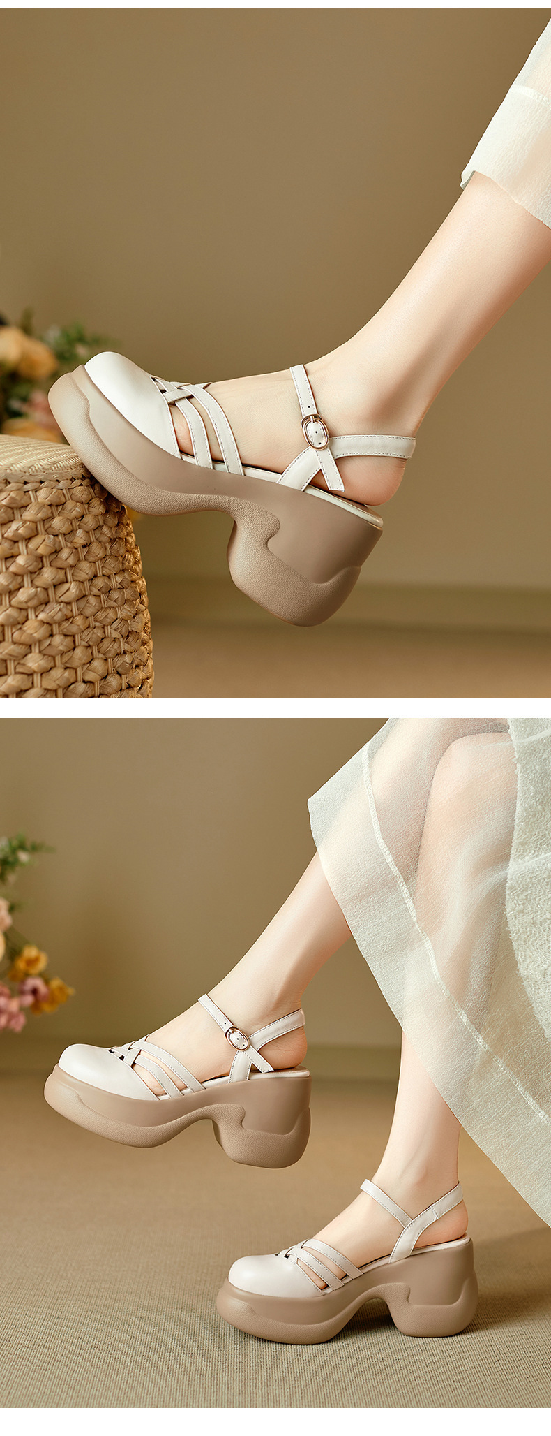 Sandal nữ quai chữ V đế bánh xốp dày dệt lồng phong cách La Mã — màu trắng ngà chi tiết 8