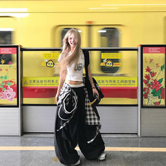 アメリカンヒップホップストリートダンスレイヤードワイドレッグパンツレディースルーズスリミングドレープカジュアルフロアレングスワイドレッグスモークソードパンツ