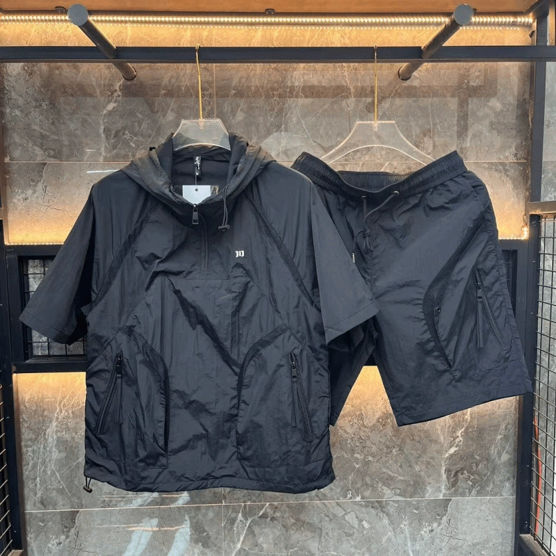 Летний мужской новый дышащий быстросохнущий худи с капюшоном и шорты, модный свободный повседневный костюм из двух предметов