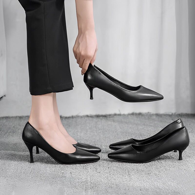 Genuine Leather High Heels Women's Spring and Autumn 2024 Black Stiletto Heel Pointed Sexy Professional Temperament Etiquette Work Shoes for Students Genuine Leather High Heels Women's Spring and Autumn 2024 Black Stiletto Heel Pointed Sexy Professional Temperament Etiquette Work Shoes for Students