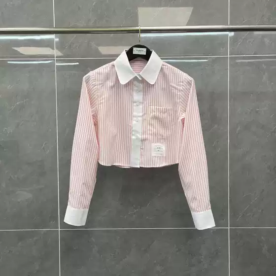 Factory direct sales trend TB autumn new item pink vertical stripe contrasting butterfly collar white-collar exposed navel long sleeved shirt for women