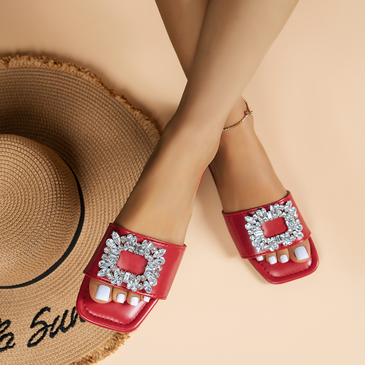 外贸大码平底拖鞋女外穿休闲简约彩色珍珠一字女士拖鞋 Slippers