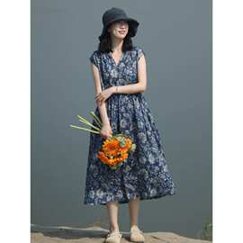 美女装夏天连袖设计抽绳女装过膝连衣裙蓝色印花复古V领裙子