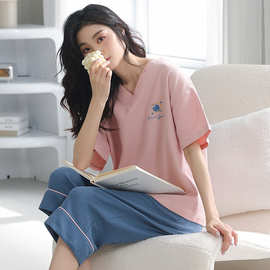 睡衣女士夏季纯棉短袖七分裤家居服夏天卡通全棉薄款可外穿两件套