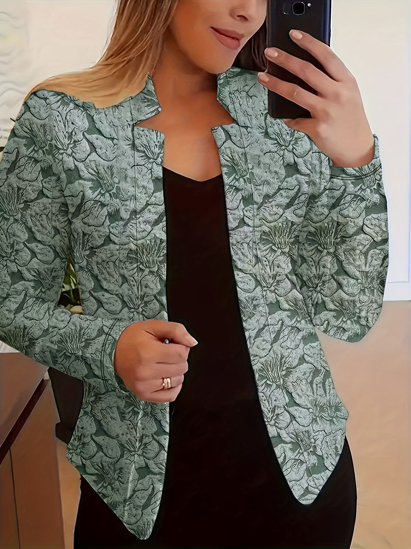 Retro Print Blazer for Women Casual Long Sleeved Open Front Office And Workplace Suitable Blazer_ecoleips.com