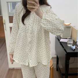 韩国ins女士春秋新品韩系舒适双层棉纱小蓝花圆领家居服睡衣套装